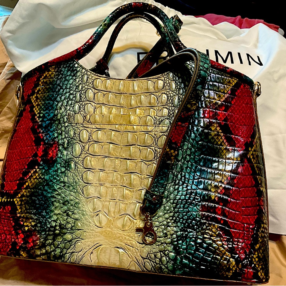 Brahmin Red and Green Crocodile-Embossed Tote